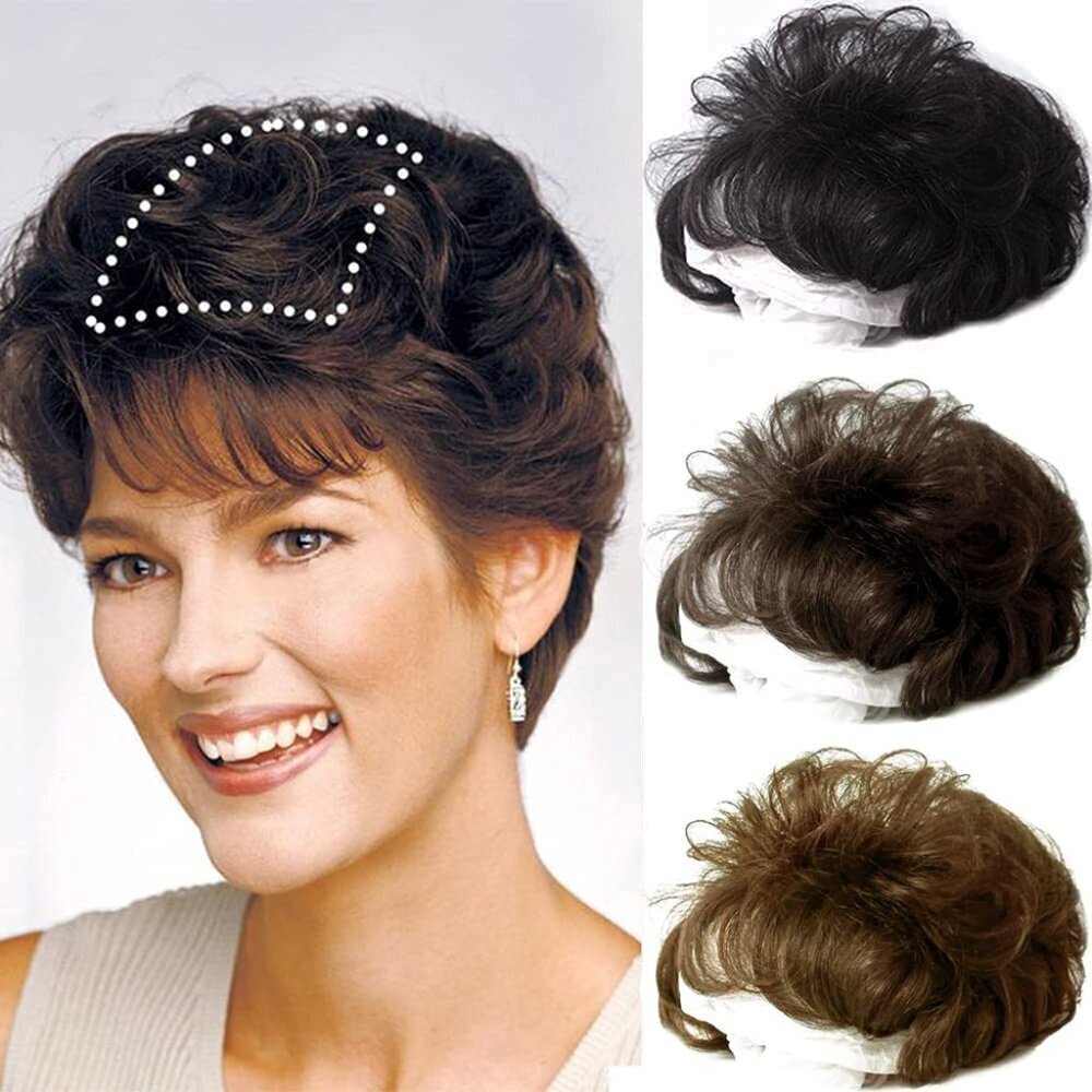 10" Human Hair Topper with Bangs Clip-in Wavy for Fine Hair Natural Black